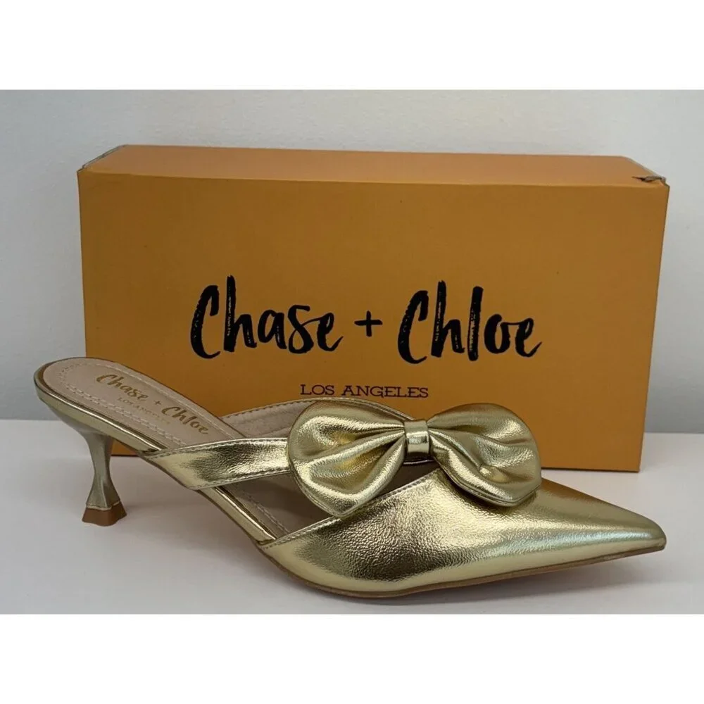 CHASE + CHLOE / Idra-3 / Gold / Pointed-Toe / Kitten Heel / Mules With Bow Accen